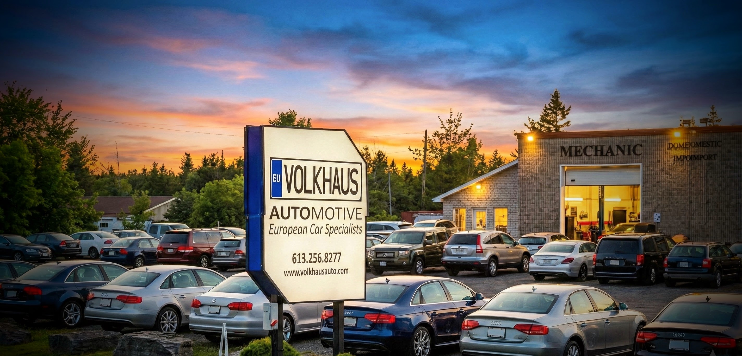 Volkhaus Automotive Lot at Sunset